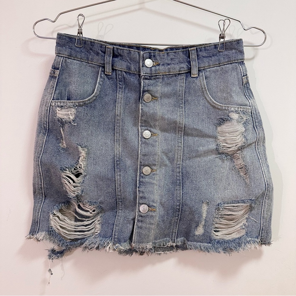 Free People Distressed Raw Hem Denim Skirt